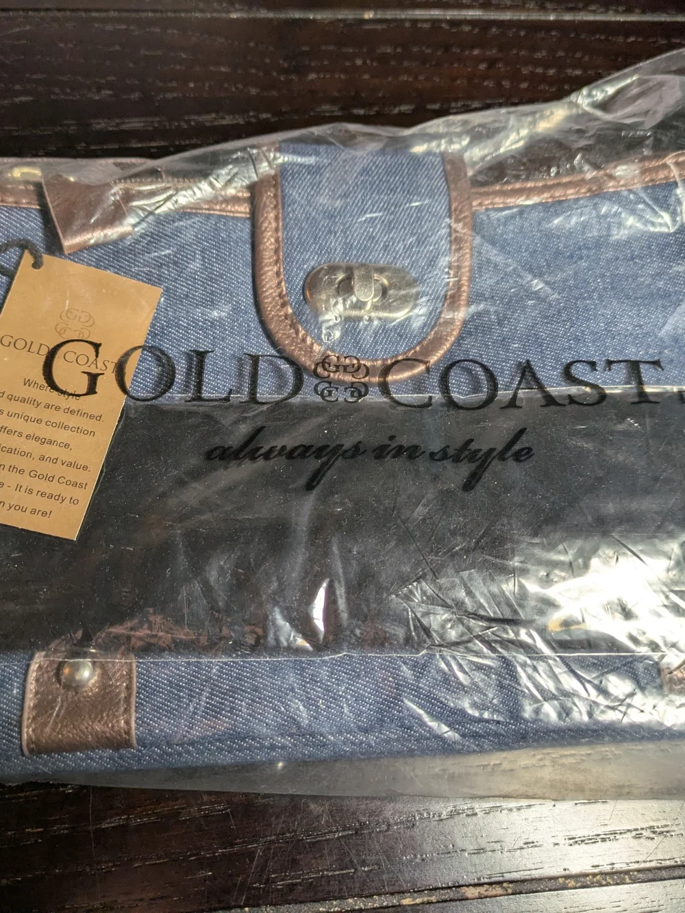 Gold Coast Denim Handbag Bag And Matching Watch - Blue with Brown Trim